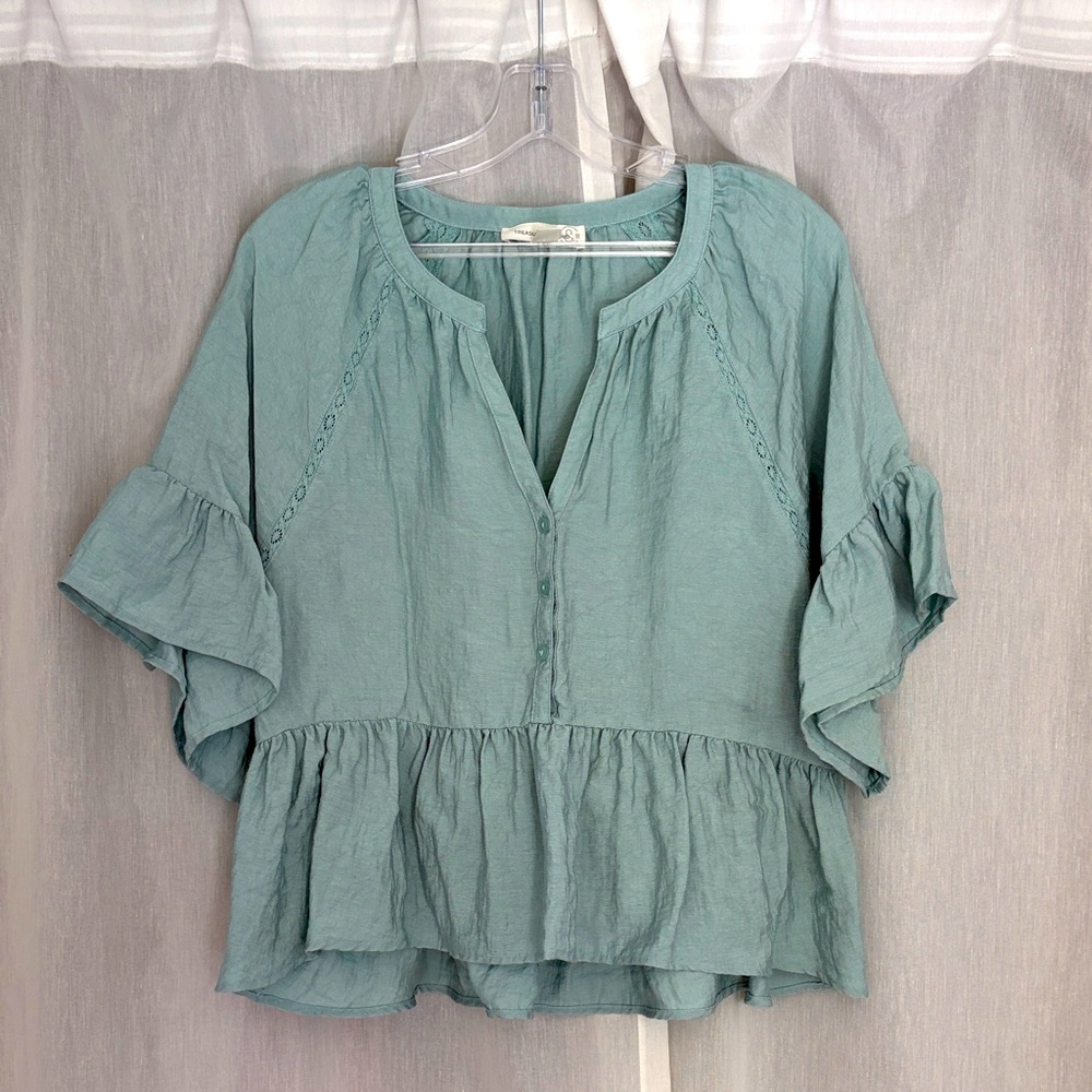 Treasure & Bond Teal Ruffle Sleeve Blouse